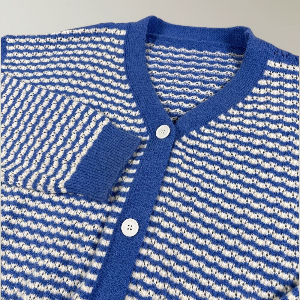 Cider Women's Sweater Cardigan Blue White Striped V-Neck Button Curve Plus 4XL